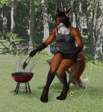 A skilled fox grilling some burgers just before the end of summertime. Drawn with graphite pencils, with color and effects added in Photoshop.