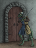 A lizard guard denying entry. Whatever's behind that door must be important. Drawn with graphite pencils, with color and effects added in Photoshop.