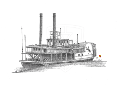 A steamboat typical of the kind seen along the Missouri River in the mid-1800s. Drawn with graphite pencils as a commission for Mallinson Vineyard and Hall.