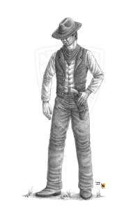 A figure representative of the adventurers, outlaws, and gunslingers who traveled west via Wayne City Port. Drawn with graphite pencils as a commission for Mallinson Vineyard and Hall.